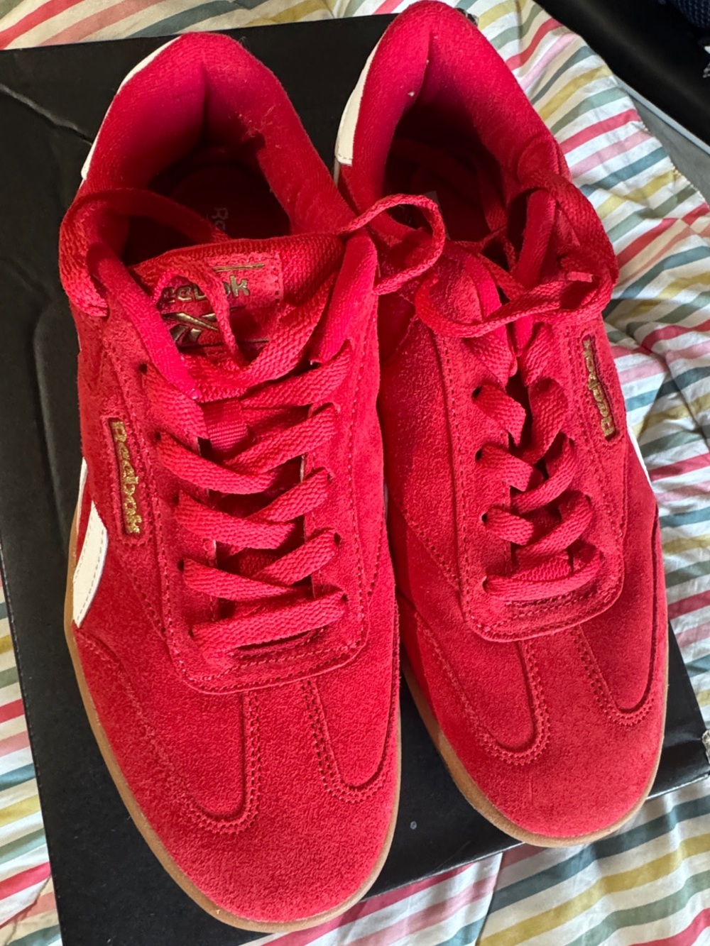 Reebok Red Suede Sneakers with White Stripes and Gum Sole - Picture 5 of 11